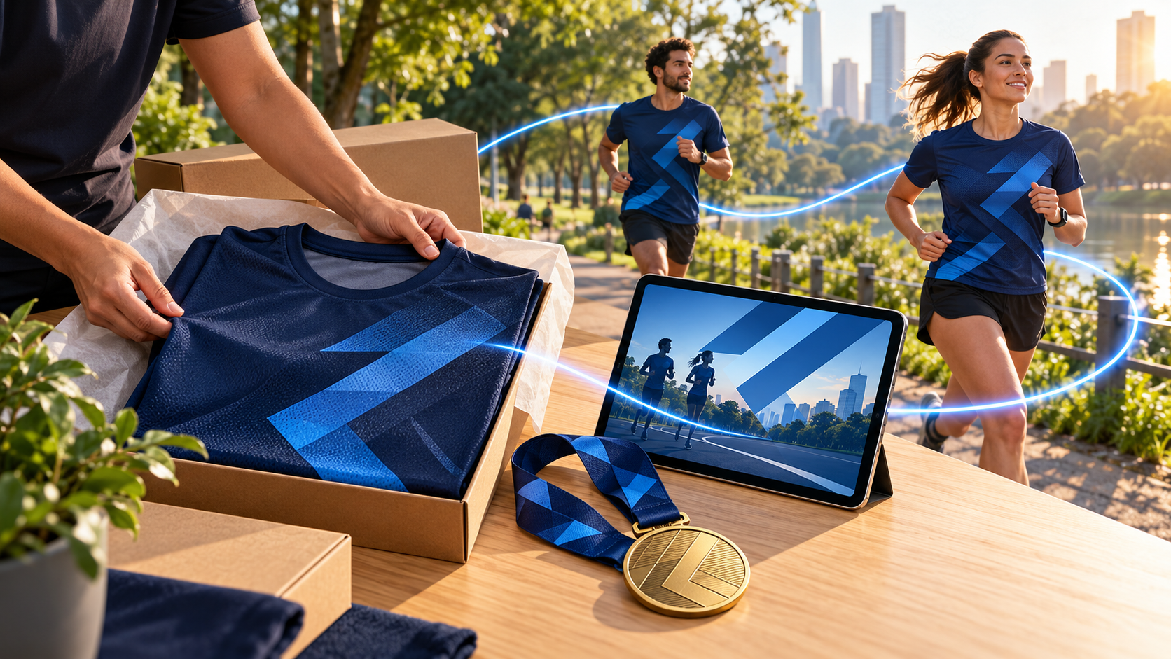 Ilustração de kit, medalha e atletas com a mesma identidade visual azul em uma corrida virtual.