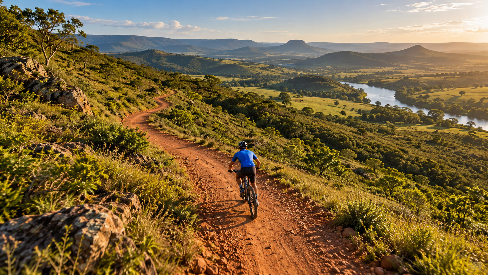 Ilustração aérea de ciclista com capacete pedalando por trilha de terra em paisagem verde.