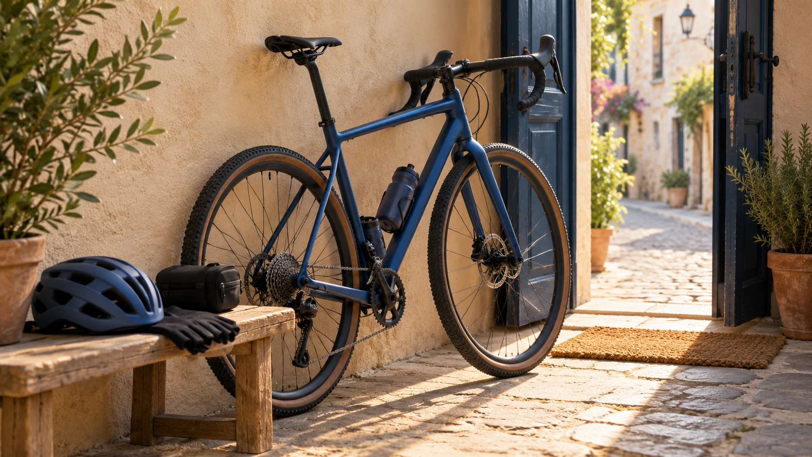 Ilustração de bicicleta, capacete e equipamentos preparados para um primeiro desafio de pedal.